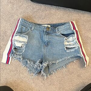 Hot & Delicious Blue Distressed Jean Shorts with Red and White Stripes